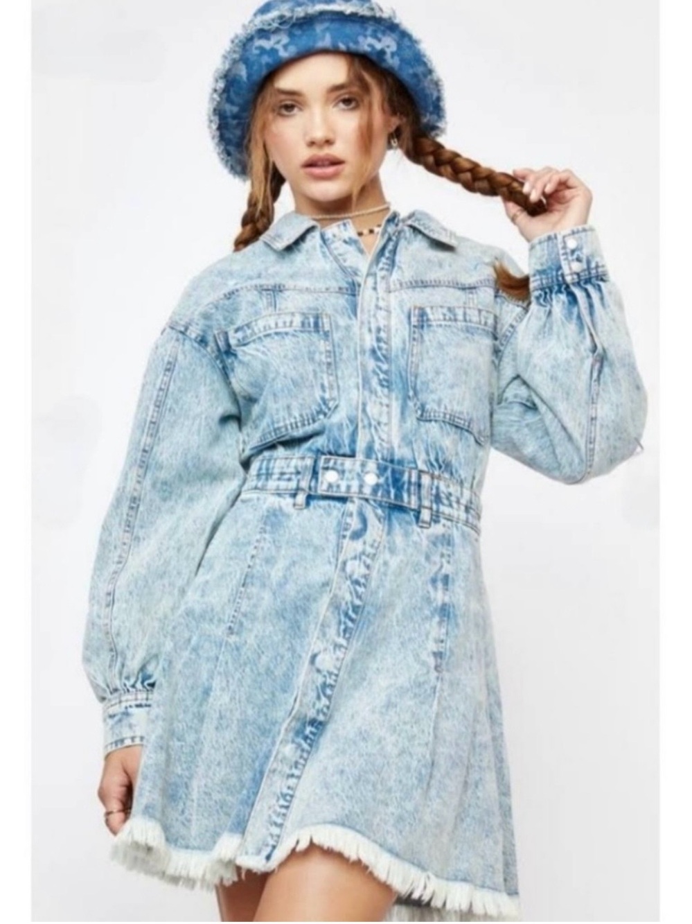 We The Free Light Acid-Wash Denim Mini Dress